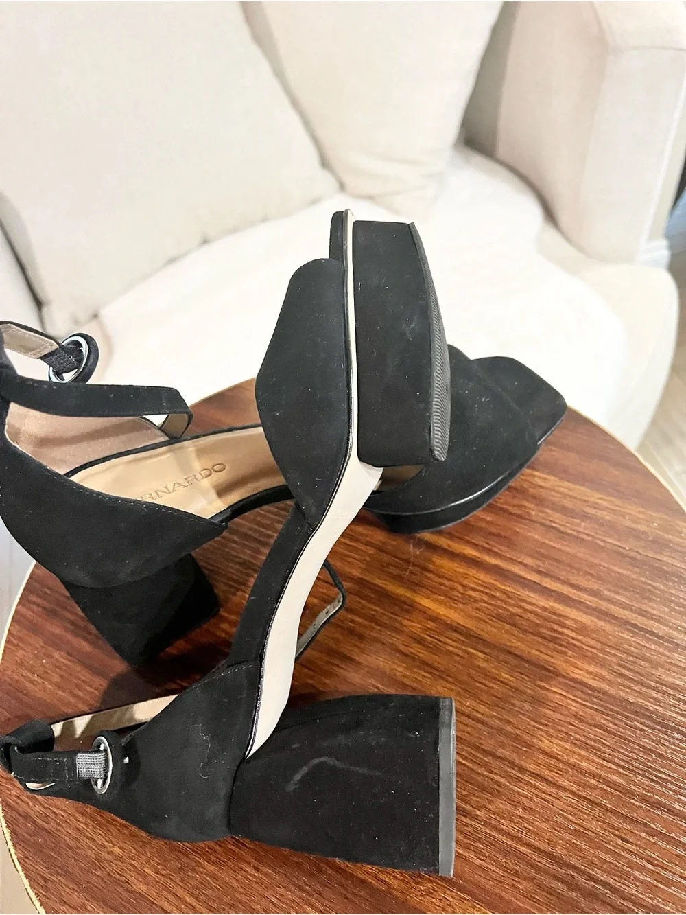 Bernardo Black Suede Platform Block Heel Ankle Strap Sandals